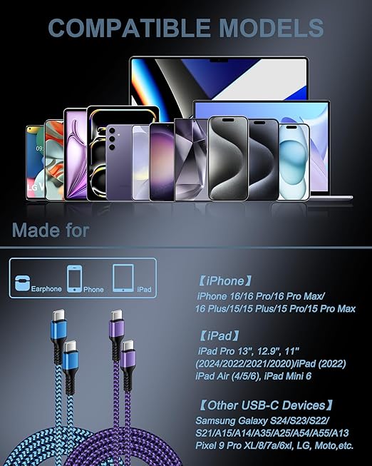 Haoano iPhone 17e 17 Pro Max Charger Cable Fast Charging, Android Charging Cable for iPhone 17Pro/17 Air/16e/16Pro/16 Pro Max/15 Pro Max, C to C Cord Auto Car Charger Galaxy S25 Ultra S26 S26+ 6 FT