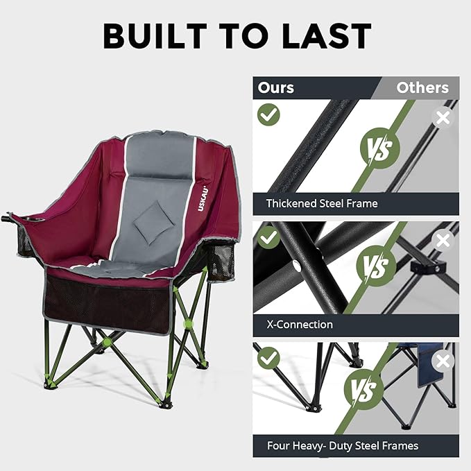 Oversized Camping Chair for Large Adults Heavy Duty 400 lbs Capacity, Comfortable Padded Folding Lawn Chair with Back & Headrest Support and Cup Holder, Portable Outdoor Chair with Carry Bag