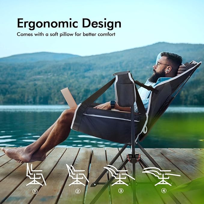 AKSOUL Hammock Camping Chair Swinging: Aluminum Alloy Adjustable Back Swinging Chair, Folding Rocking Chair with Pillow Cup Holder, Recliner for Outdoor Travel Sports Games Lawn Concerts Backyard