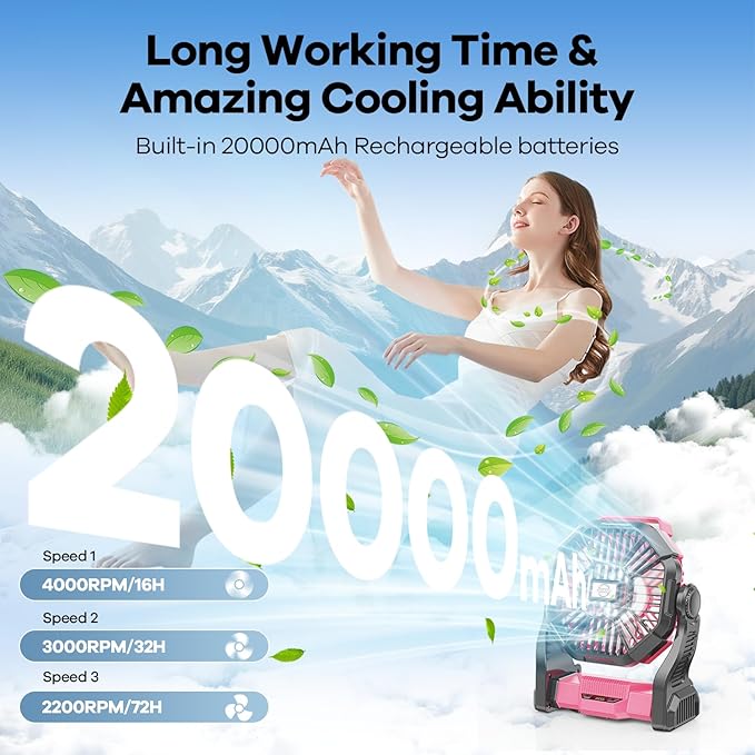 20000mAh Solar Fan with LED Lantern, 10W Solar Panel Rechargeable Battery Powered Camping Fan for Outside, 9 Inch Portable Battery Operated Hurricane Supplies for Picnic, Barbecue, Fishing, Travel