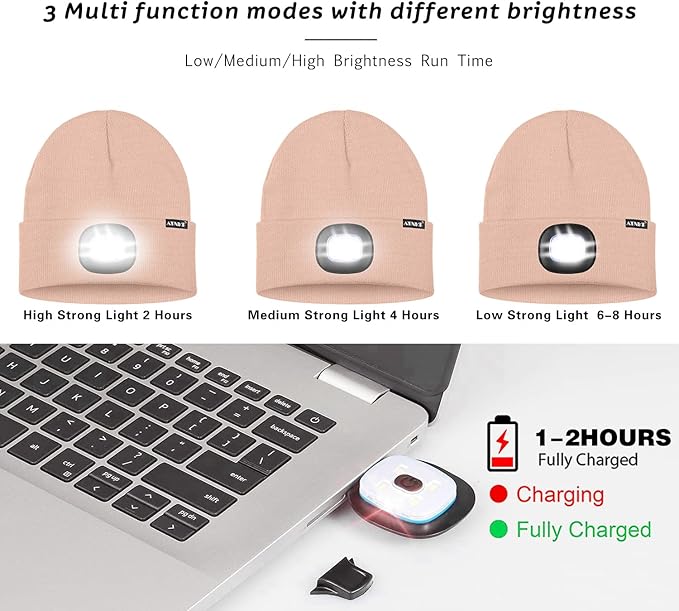 ATNKE LED Lighted Beanie Hat,USB Rechargeable 4 LED Running Headlamp Bright Cap with The Light Gifts for Men and Women