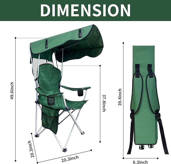 Portable Camping Chair with Canopy Shade- Folding Camping Lounge Chair with Cup Holder & Side Pocket for Outdoor Camping, Fishing, Beach - Support 330 LBS (Green)
