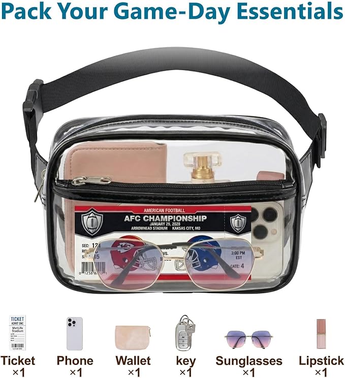 Veckle Clear Fanny Pack Stadium Approved - Plus Size 35-51 Inch Adjustable Strap Transparent Belt Bag for Women Men Fits 7.5" Smartphone, Clear Bag for Stadium Events Sports Concerts, 2-Pack Black