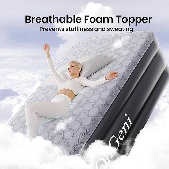OhGeni 18" Luxury Twin Air Mattress with Built-in Pump, Inflatable Bed with Silk Foam Topper for Superior Comfort, Premium Blow-Up Mattress for Home, Camping & Guests, Easy Setup, Extra Support, Black