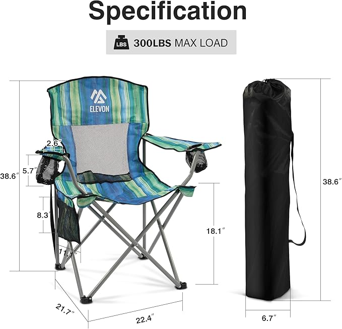 Camping Chair, Portable Folding Outdoor Chair with Arms, Cup Holder and Carry Bag