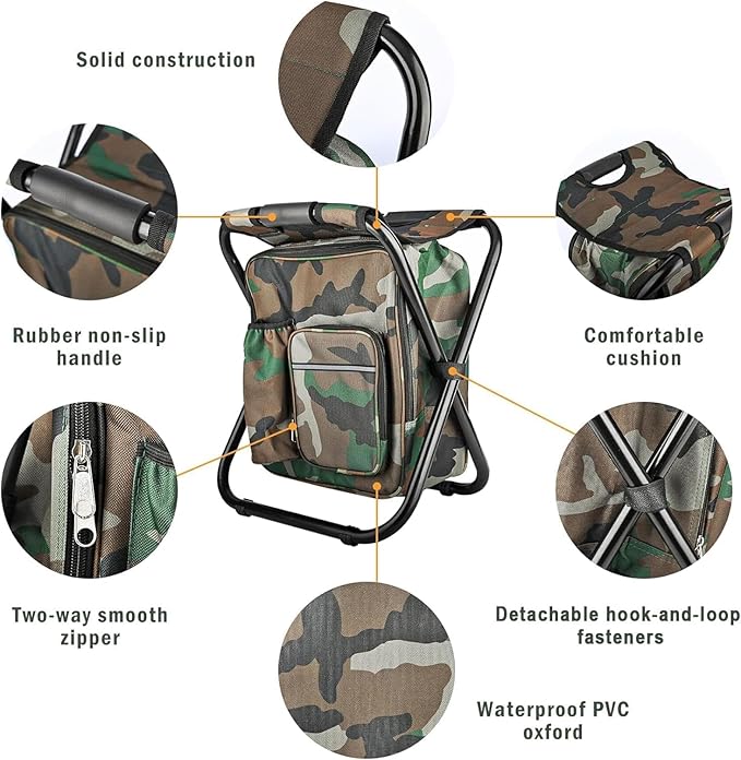 Kikerike Folding Stool Backpack Insulated Cooler Bag, Collapsible Camping Hunting Fishing Multifunction Chair with Front Pocket and Bottle Pocket for Outdoor Events, Hiking, Travel, Beach