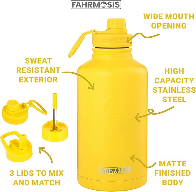 64 Oz Water Bottle with Straw Stainless Steel Sports Water Bottle with 3 Lids (Straw, Chug and Flip Lid) Leak Proof Metal Half Gallon Jug for Men & Women - Yellow