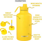 64 Oz Water Bottle with Straw Stainless Steel Sports Water Bottle with 3 Lids (Straw, Chug and Flip Lid) Leak Proof Metal Half Gallon Jug for Men & Women - Yellow