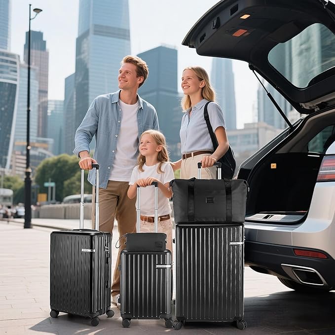 Hoteel 5 Piece Luggage Set (4-YEAR WARRANTY) ABS+PC Hardshell Carry on Suitcase with Spinner Wheels & TSA Lock for Men and Women, Rolling Suit Case for Plane, Travel, Business, Black (20/24/28/DB/TB)