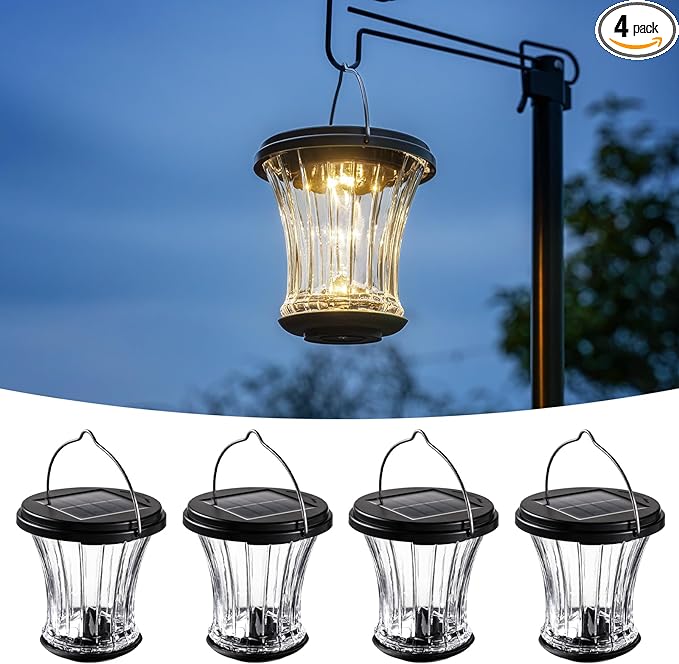 Glass Solar Lantern Outdoor, Waterproof Hanging Solar Lights for Outside with Modular Design, 3000K LED, Auto On/Off Table Lamp for Garden Patio Yard Fence Wall Decorative, Warm White(4 Pack)
