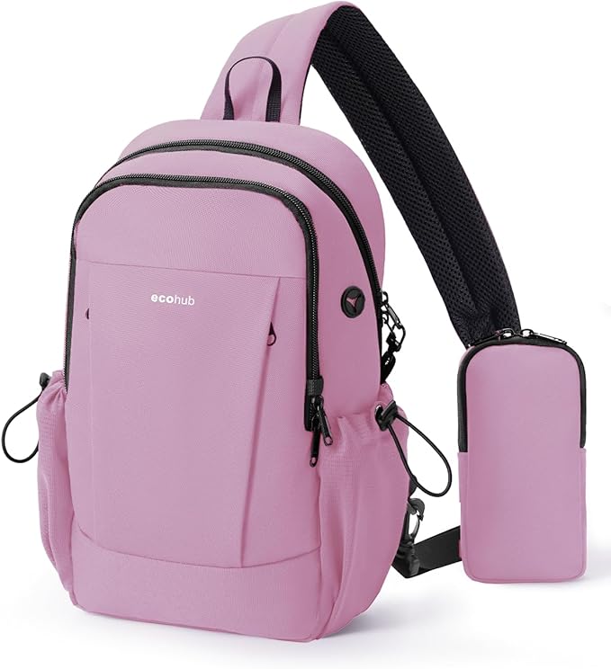 ECOHUB Crossbody Bags for Women Men, Anti-Theft RFID Blocking Roomy Sling Backpack with Sturdy SBS Zippers Water Resistant Chest Shoulder Bag Daypack with 9 Pockets Casual Outdoor Hiking, Pink