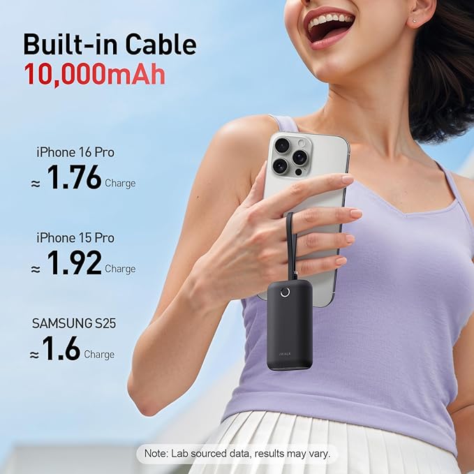 iWALK Mini Portable Charger 10,000mAh, 22.5W USB-C Fast Charging Power Bank with Built-in Cable, Travel Essential Ultra-Small Battery Pack Compatible for iPhone 16/16 Pro/15, Samsung, Google, Black