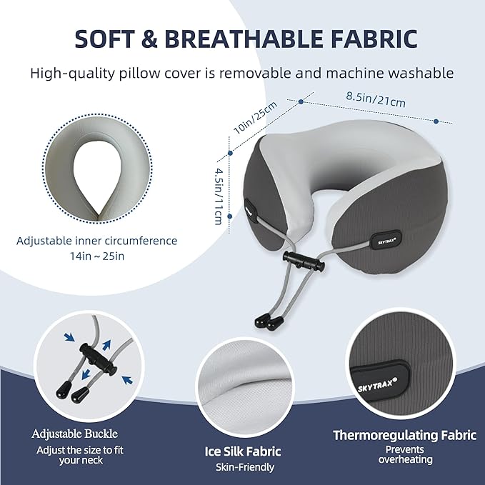 SKYTRAX COMF® Premium Ergonomic Memory Foam Travel Neck Pillow, Washable Cooling Ice Silk Cover, Firm Neck Support for Airplane Long Flights & Pain Relief, with Portable Carry Case (Grey)