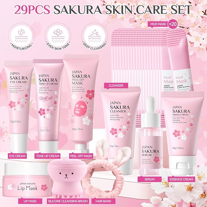 29Pcs Sakura Skincare Set, Skincare for Girls 10-12, Complete Skincare Routine for Clean, Soft and Hydrated Skin, Perfect Easter Basket Stuffers for Teen Girls