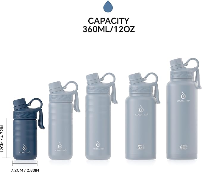 IDEUS Insulated Water Bottle 12oz, Stainless Steel Insulated Water Bottle For School, Insulated Bottles With Straws Leakproof, Vacuum Double Wall Water Bottles For Boys And Girls With 2 Lids, BPA Free