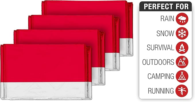 Swiss Safe 4 Pack Mylar Emergency Blankets for Survival - Compact & Insulated for Cold Weather - Designed for NASA, Outdoor, Running, Camping, Survival, First Aid Car Kit - Red, 4 Pack