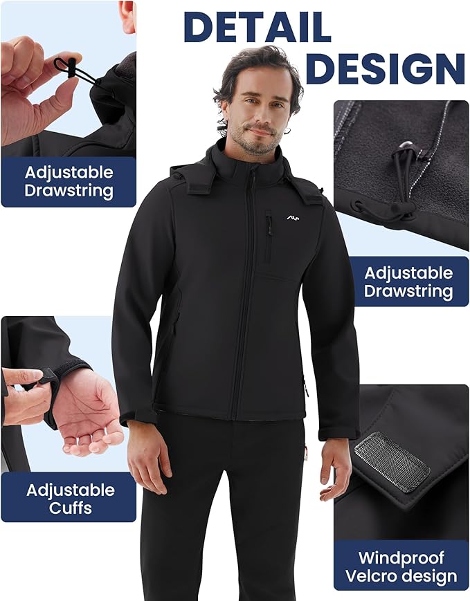WULFUL Men's Softshell Jacket Waterproof Lightweight Insulated Windbreaker Fleece Lined Rain Shell Jacket for Hiking Travel
