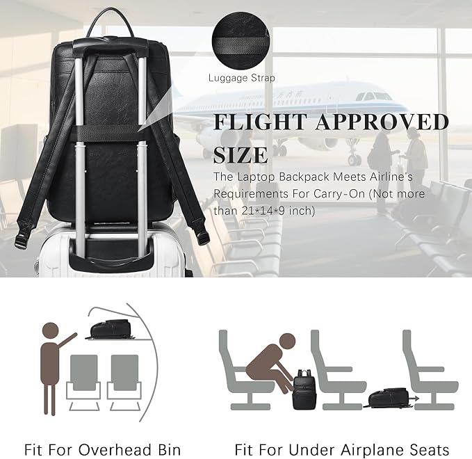 Leather Backpack for Women, Fits 17 Inch Laptop in Main Compartment, Dedicated 15.6 Inch Padded Sleeve, Large Vegan Leather Travel Computer Bag with Luggage Strap for Business and Work, Black