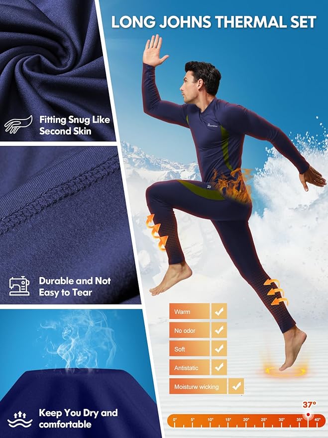 romision Thermal Underwear for Men Long Johns Fleece Lined Hunting Gear Bottom Top Set Base Layer for Cold Weather Gift