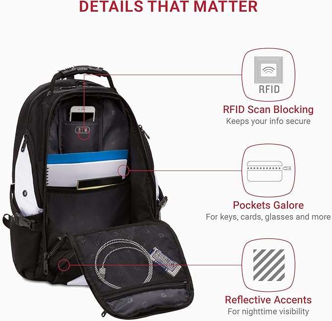 SwissGear 1900 ScanSmart 17” Laptop Backpack White/Black – Reflective Tech Backpack with ScanSmart Compartment – Multiple Organizer Pockets & RFID Scan Blocking Technology