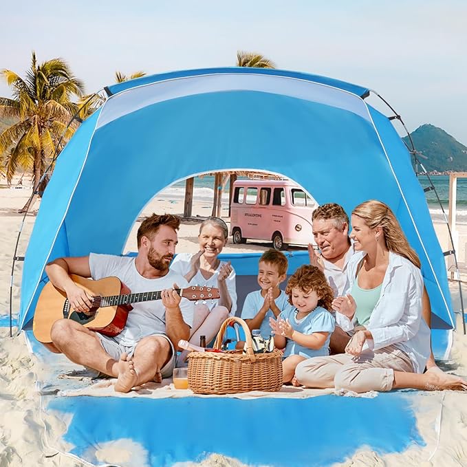 Beach Tent, Portable Sun Shelter for 2/3/4/6-8 Person with UPF 50+ UV Protection, Easy Setup Waterproof Beach Shade Canopy Cabana for Family Outdoor and Picnics, Fishing with Carrying Bag