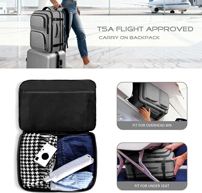 Travel Backpack for Men, Expandable Carry on Backpack, TSA 17.3 inch Laptop Bag Flight Approved, Lightweight Business Luggage Bag, Travel Gifts for Men Women, Grey