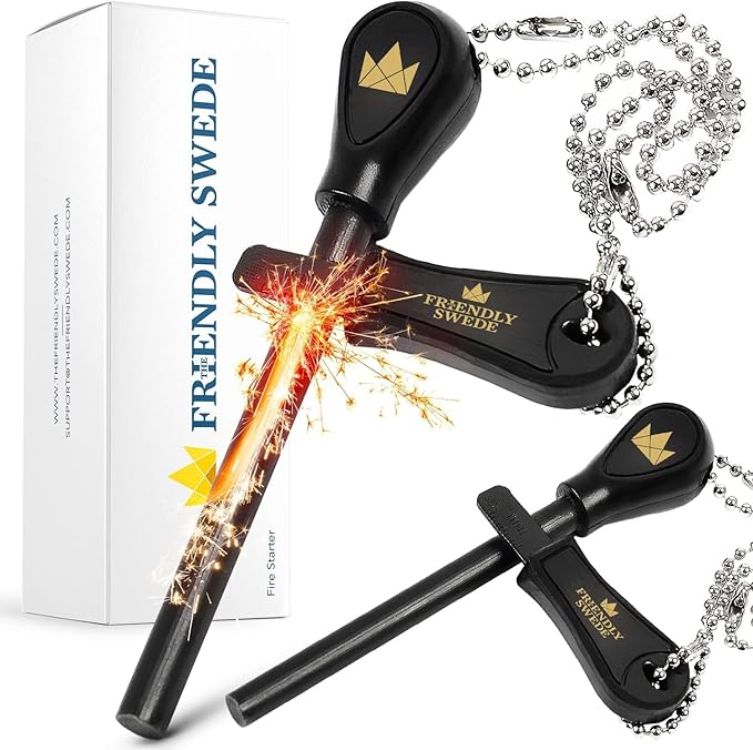 The Friendly Swede Ferro Rod Fire Starter Tool 2-Pack — Flint and Steel Fire Starter Survival Tool with Long Ferro Rod; Weatherproof Firestarter for Camping, Hiking & BBQs; Ergonomic Handle; Easy Grip