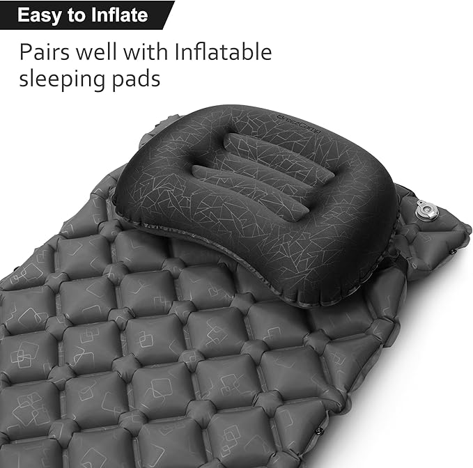 Inflatable Camping Pillow, Travel Blow Up Air Pillow, Neck Lumbar Support Ultralight Compact Pillow for Outdoor Hiking Backpacking Car Beach Airplane Sleeping Essentials, Black