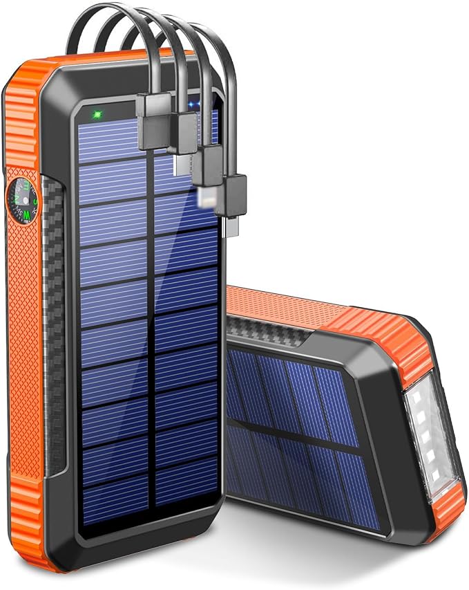 DJKK Solar Power Bank Wireless Charger 52800mAh Built in 4 Cables and LED Camping Lights 22.5W Fast Charging Power Bank 7 Outputs 4 Inputs Portable Charger Compatible with All Mobile Devices (Orange)