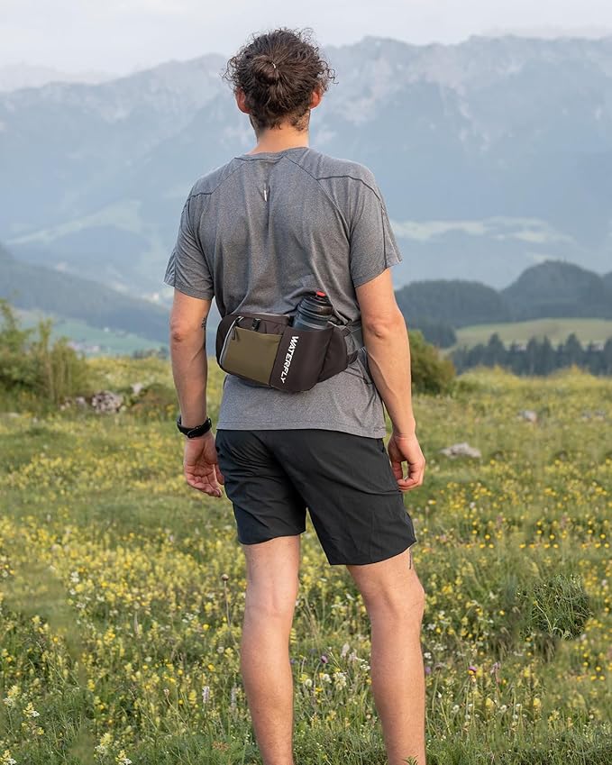 WATERFLY Fanny Pack Waist Bag: Hiking Water Bottle Holder with Strap Waist Pack for Women Men Hydration Hip Packs for Running Walking Traveling-Coffee Brown