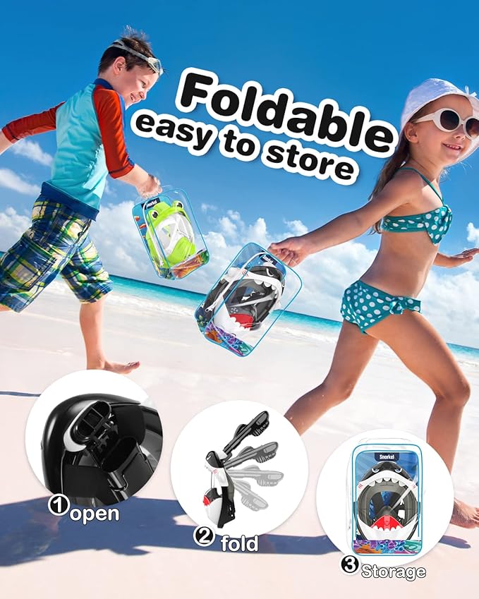 Kids Snorkel Mask, Full Face Snorkel Mask for Kids 4-16, Foldable Snorkeling Gear for Kids Snorkeling Set for Swimming Pool Toys, Dry Top, Anti-Leak/Anti-Fog /180° HD View/Portable Bag