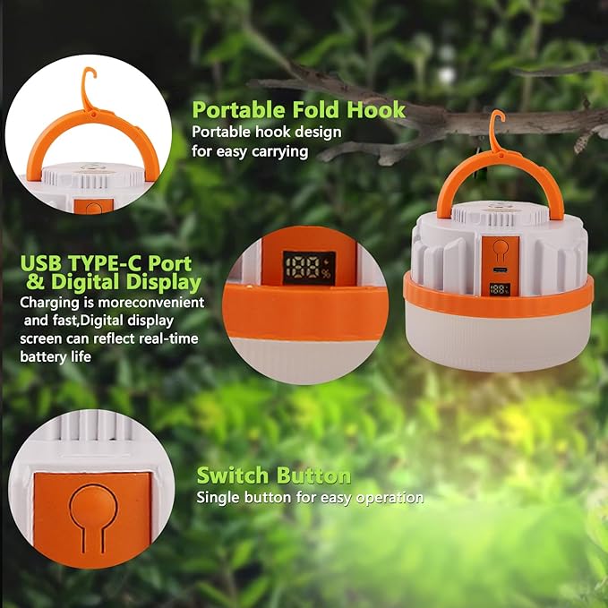 LED Camping Lantern,Scalable Foldable Camping Lamp with Digital Display Screen 5000 Lumens Rechargeable Emergency Light, 4500mAh Battery, White and Orange (Orange, 10W 4500mAh)