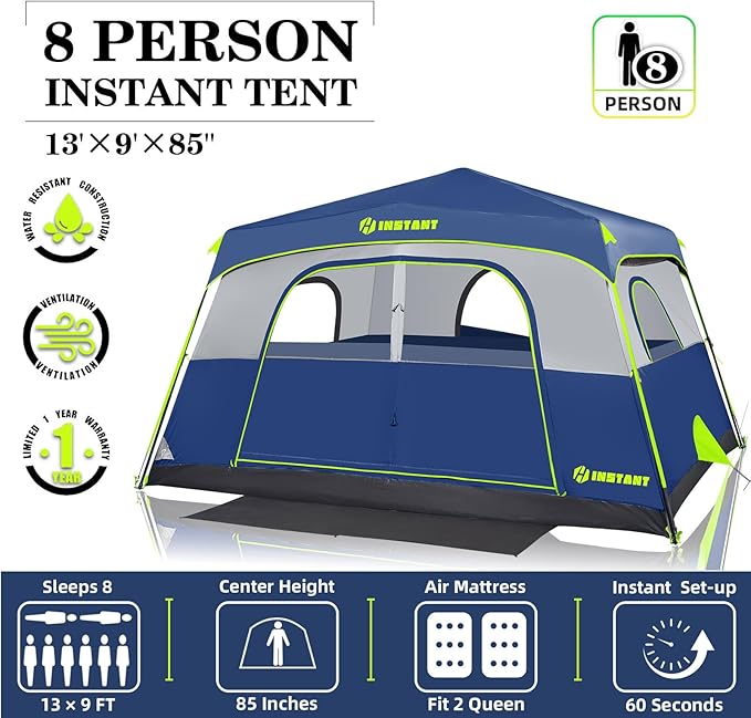 4/6/8 Person Instant Tent, Waterproof Pop Up Tents for Camping with Rainfly, 60 Seconds Easy Setup, Automatic Cabin Tent for Family Camping with Expandable Carry Bag & Upgraded Ventilation