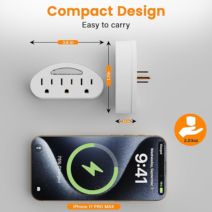 3-Outlet Extender 2 Pack, 3-Prong Grounded Wall Tap Adapter with LED Guide Light, 1875W ETL Listed Multiple Plug Electrical Outlets Splitter for Home, Office, Hotel, Travel, Cruise Essentials, White