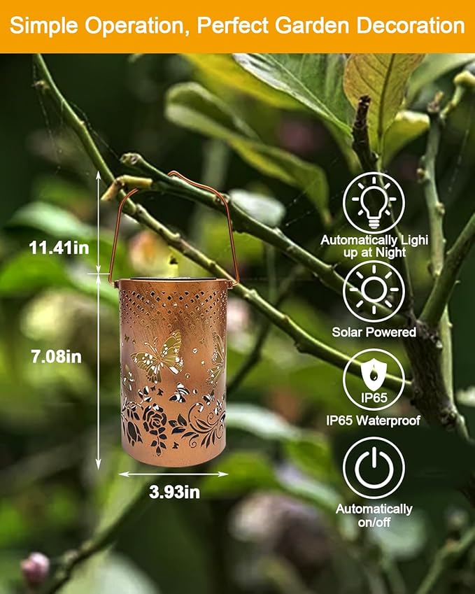 Solar Lanterns Outdoor, Waterproof Butterfly Garden Decor Birthday Gifts for Women Mom Grandma, Metal Hanging Solar Lights Decoration Outside LED Lanterns for Patio Yard Lawn Backyard Front Porch
