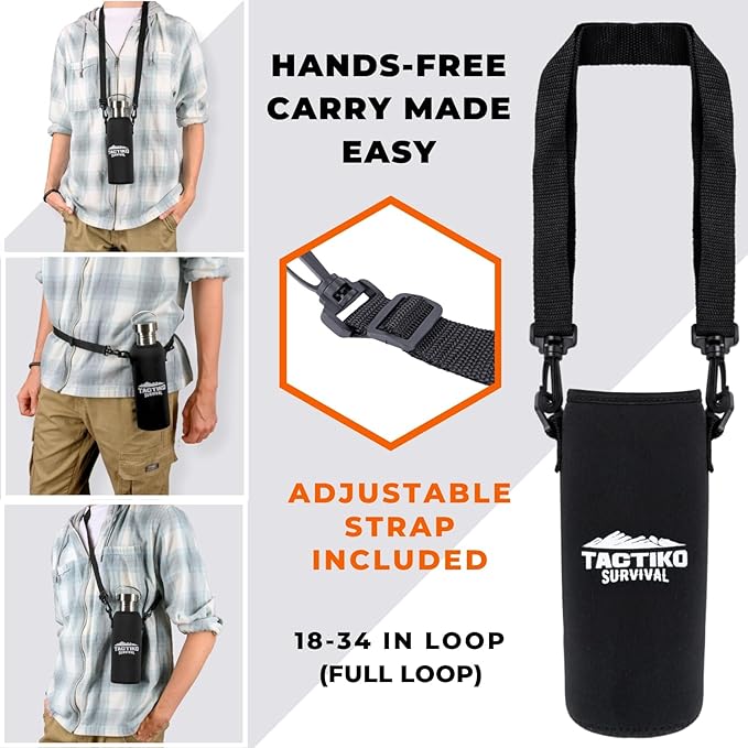 Tactiko Survival Stainless Steel Wide Mouth Water Bottle, Single Wall Boil-Safe, Leakproof, BPA-Free with Carry Sleeve and Strap for Camping, Hiking, Outdoor Prep (Black, 25 oz / 750 ml)