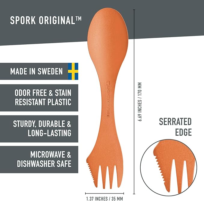 Light My Fire Spork Original 2-pack 3-in-1 Camping Spoon Fork Knife Combo Reusable Travel & Camping Utensils Lunch Spork Outdoor Backpacking Hiking Picnic Utensil BPA Free, Orange/Black