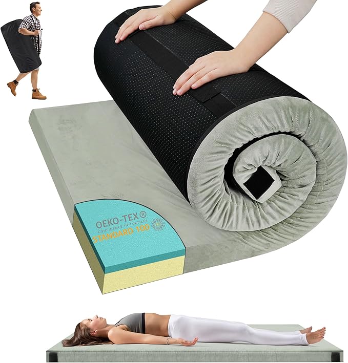 Memory Foam Camping Mattress Pad, Portable Sleeping Pad Roll Up Travel Mattress Waterproof Foldable Floor Cot Mattress Guest Bed for Sleepover