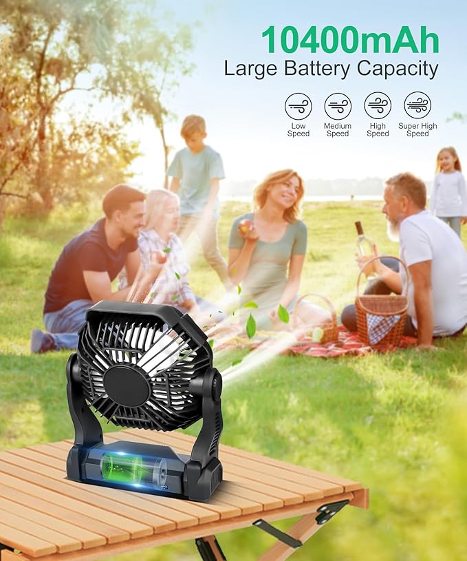 CONBOLA Solar Fans for Outside,Camping Fan, Portable Fans Rechargeable 9-Inch Battery Powered (180Hrs) LED Lantern, USB C Battery Beach Fan.