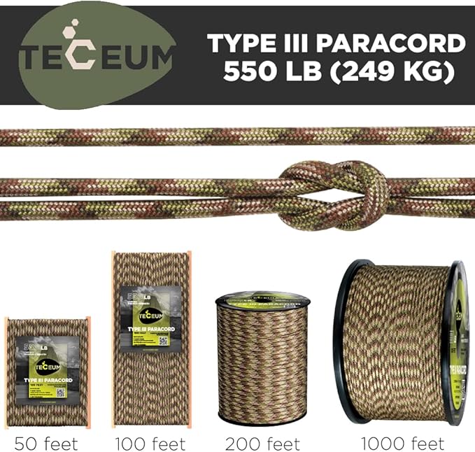 TECEUM 5/32" Paracord Rope 1000 – 1000ft / 200ft / 100ft / 50ft – Tactical Parachute Cord 4mm – 45+ Colors – Nylon String for Survival & Camping Gear – Stripe Cord for Survival – Utility Rope