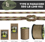 TECEUM 5/32" Paracord Rope 1000 – 1000ft / 200ft / 100ft / 50ft – Tactical Parachute Cord 4mm – 45+ Colors – Nylon String for Survival & Camping Gear – Stripe Cord for Survival – Utility Rope