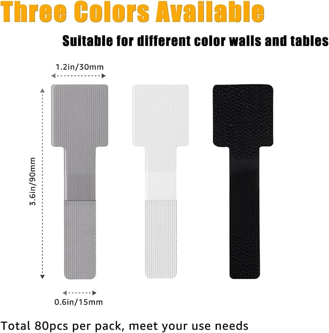80PCS Hook and Loop Cable Straps, Cable Management Under Desk, Adhesive Cable Ties, Reusable Wire Organizers for Cords, Cords Management, Computer Accessories for Desk, Home Office Essentials, Gray
