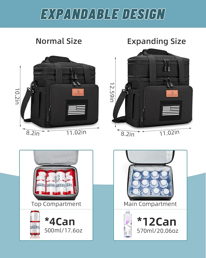 HSHRISH Double Deck Tactical Lunch Box, Large Expandable Insulated Lunch Bag, Durable Waterproof Leakproof Cooler Bag with Flag for Adults/Men/Work Outdoor Trips, 20 Cans/15 L, Black