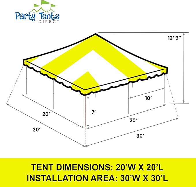 Party Tents Direct 20'x20' Weekender Standard Canopy Pole Tent - Easy Up Canopy Tent with 80 Person Capacity - Outdoor Canopies for Parties, Weddings, & Events (Yellow/White Top)