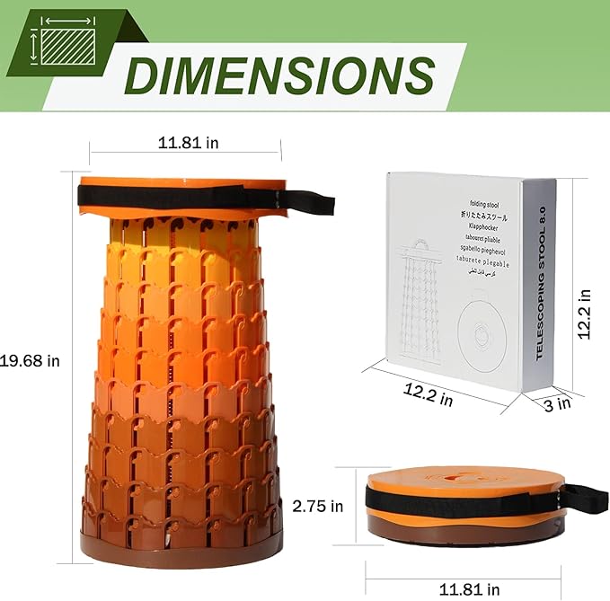 ALEVMOOM 2025 Upgraded XXL Collapsilbe Stool with Cushion,More Sturdy and Height 19.7",D11.8,Portable and Lightweight Adjustable Chair Telescoping Stool for Camping Hiking BBQ Max Loading 1000Ibs