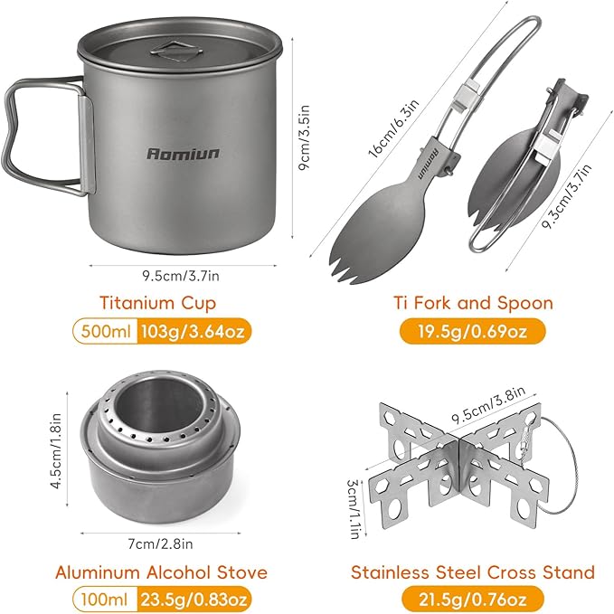Titanium Camping Cookware 500ml Titanium Cup with Alcohol Stove, Cross Stand & Folding Spork, Lightweight Portable Outdoor Camping Cooking Utensil Set for Backpacking Hiking Traveling