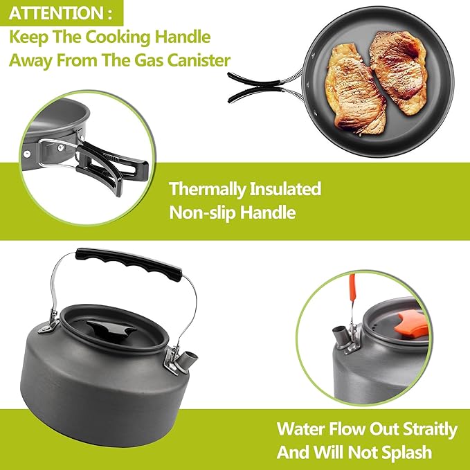aiGear 3pcs Camping Cookware Mess Kit, Non-Stick Camping Pan Pot Kettle, Lightweight Aluminum, Collapsible Portable Camping Cooking Set for Outdoor Cooking Hiking Picnic