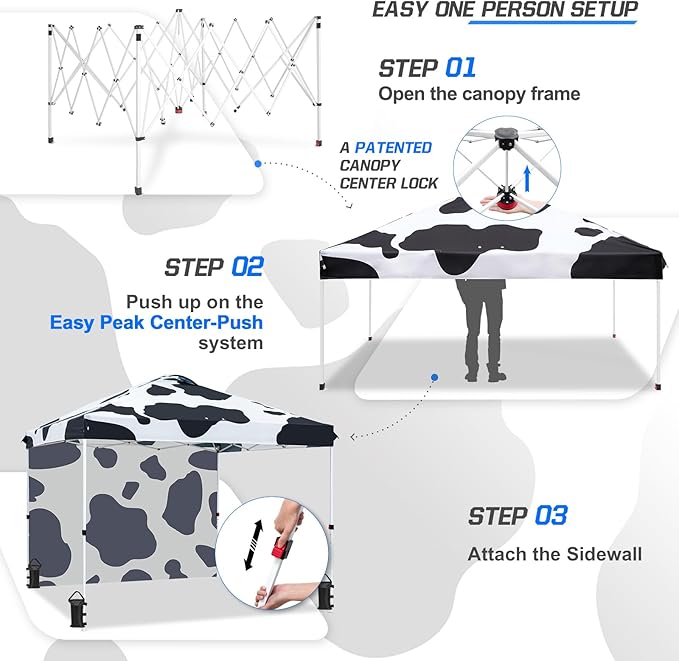 EAGLE PEAK Pop Up Canopy Tent with 1 Sidewall, Easy Setup Event Tent, Outdoor Sun Shade, Wheeled Carry Bag, Stakes and Guy Ropes, Instant Canopy 10x10, Cow Print
