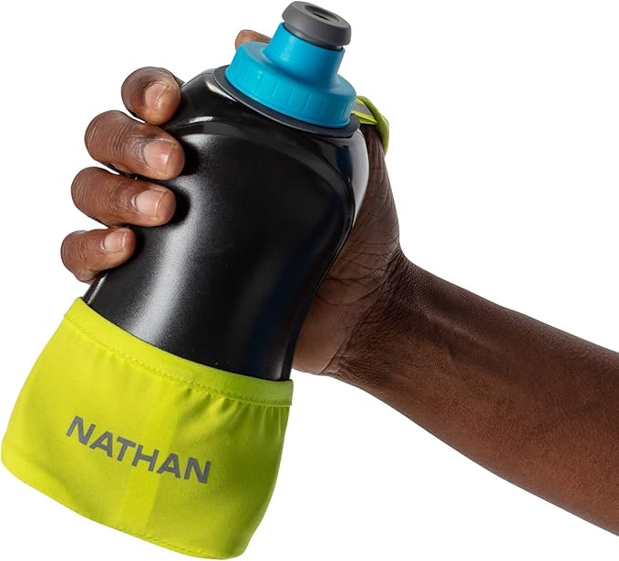 Nathan Running Handheld Water Bottle Adjustable No-Grip Quick Squeeze Lite Hand Strap. 12 oz Insulated Water Bottle. Reflective Hydration