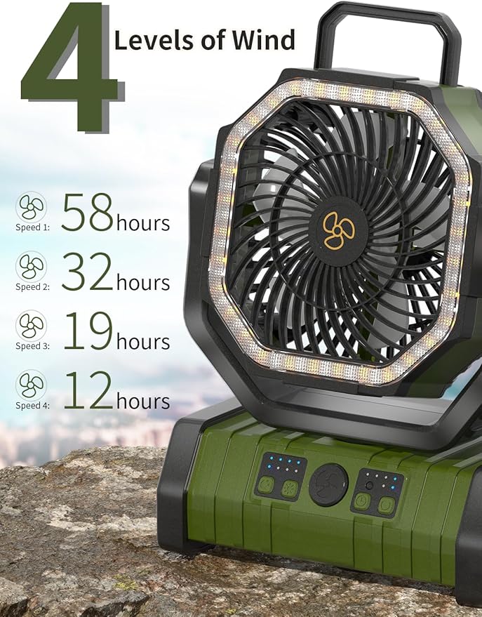 Battery Operated Fan Portable Camping Battery Powered Fan with LED Lantern Light 20000mAh Rechargeable, Oscillating, 360° Rotation Hanging Hook for Tent, Canopy, Beach, Outdoor(Green)